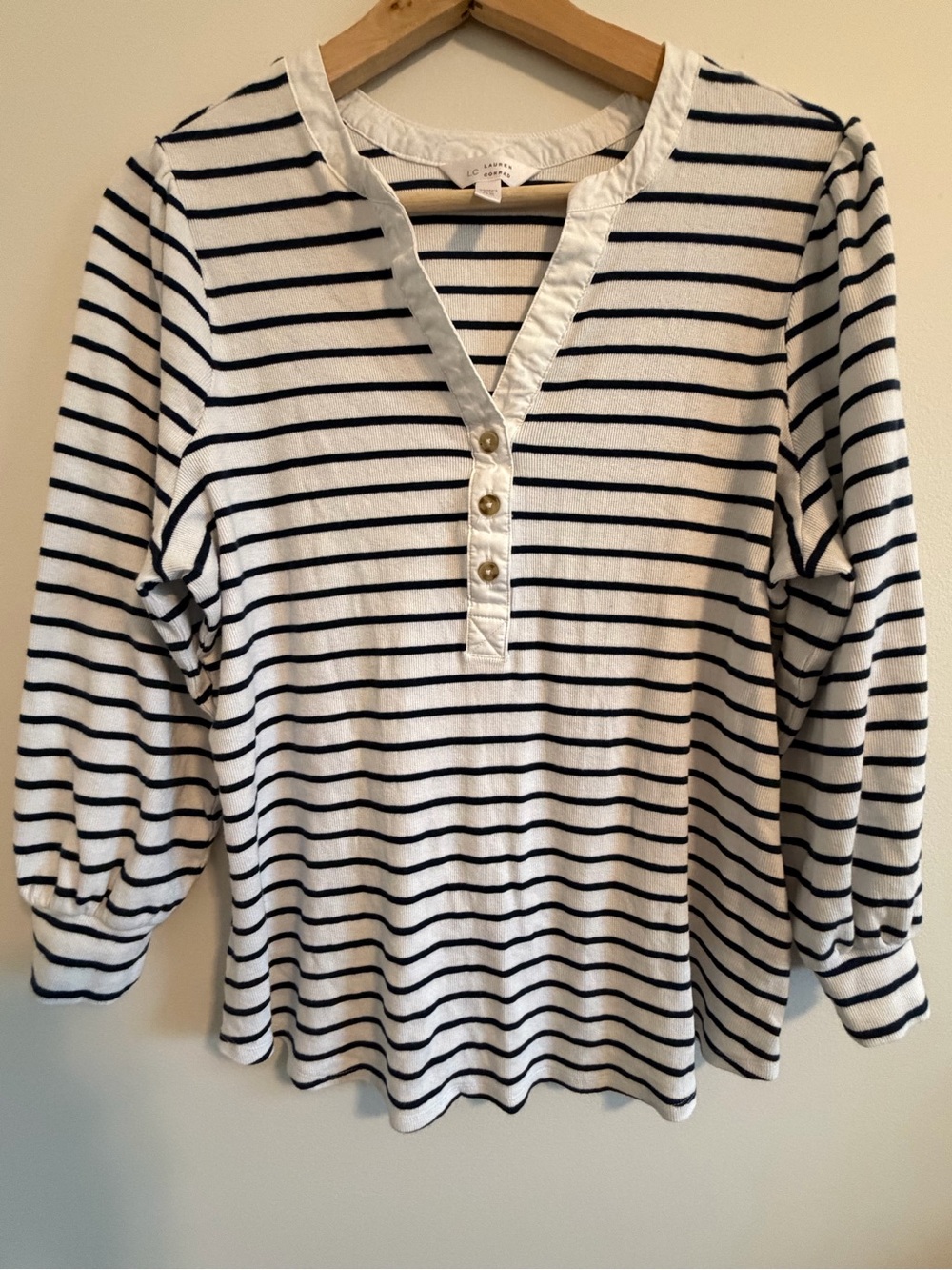 LC Lauren Conrad White & Black Striped Henley Long Sleeve Top
